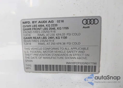 2016 Audi Q3 2.0T Premium Plus from USA, damaged, VIN WA1EFCFS2GR017798